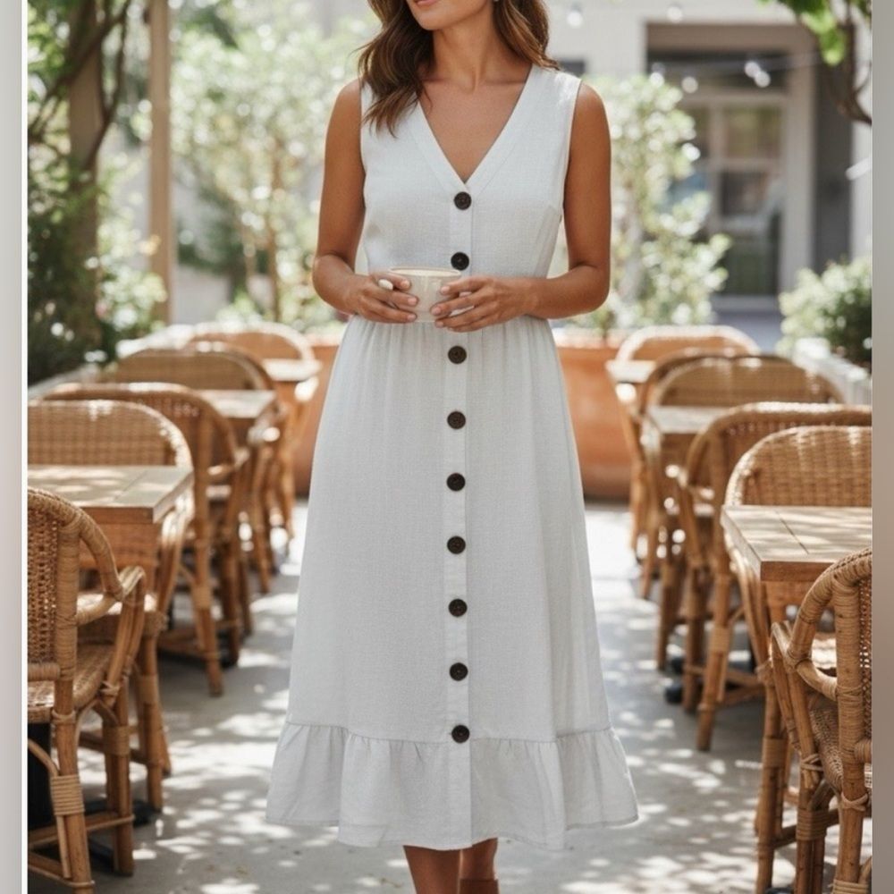 Monteau white linen blend button front midi dress size medium NWT